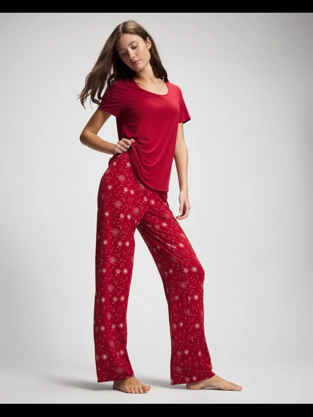 Soma Red Short-Sleeve Top & Printed Red Wide-Leg Pajama Pants